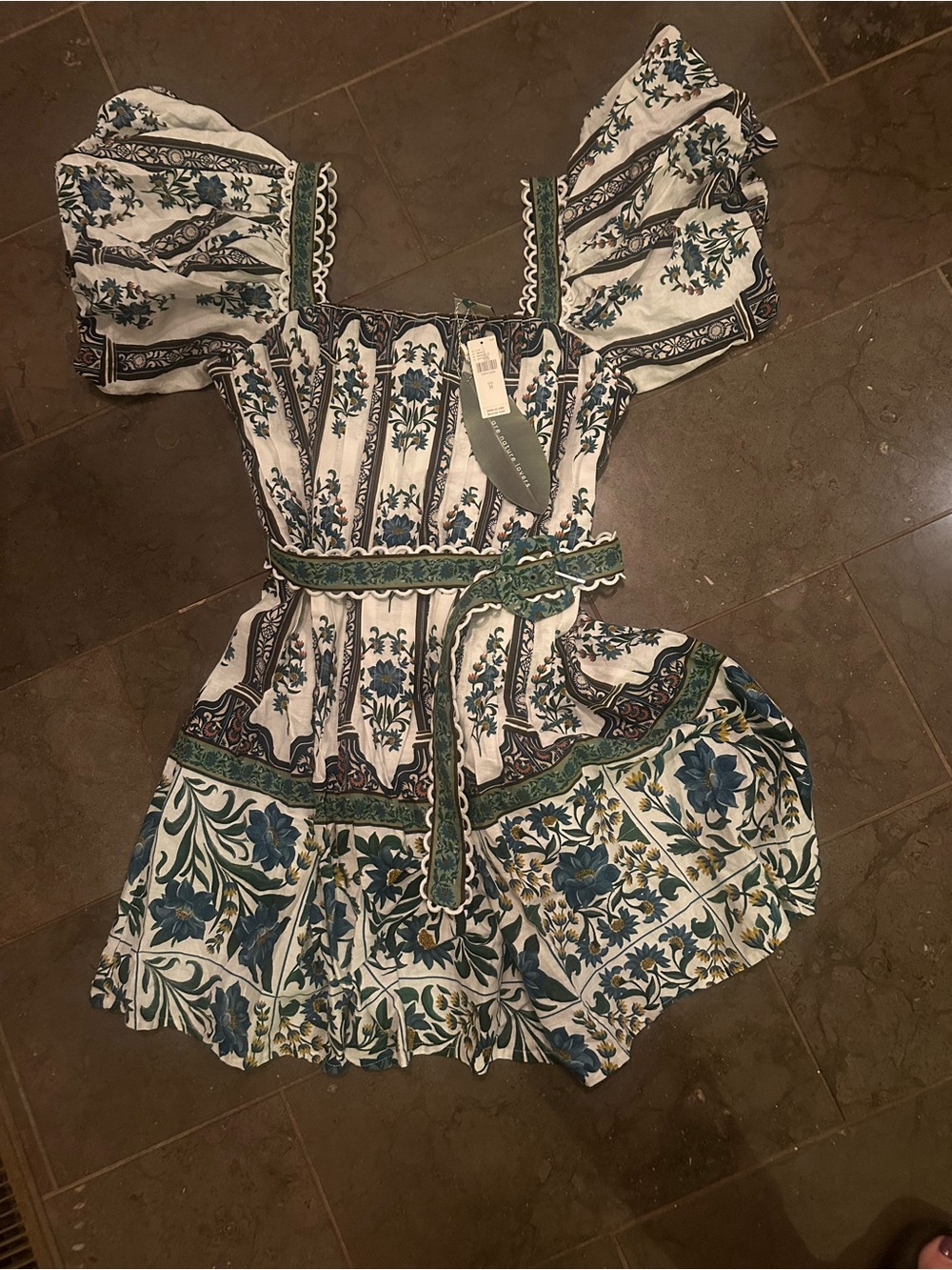 FARM Rio White Mandela Floral Puff-Sleeve Mini Dress with Blue and Green Print - Picture 7 of 7